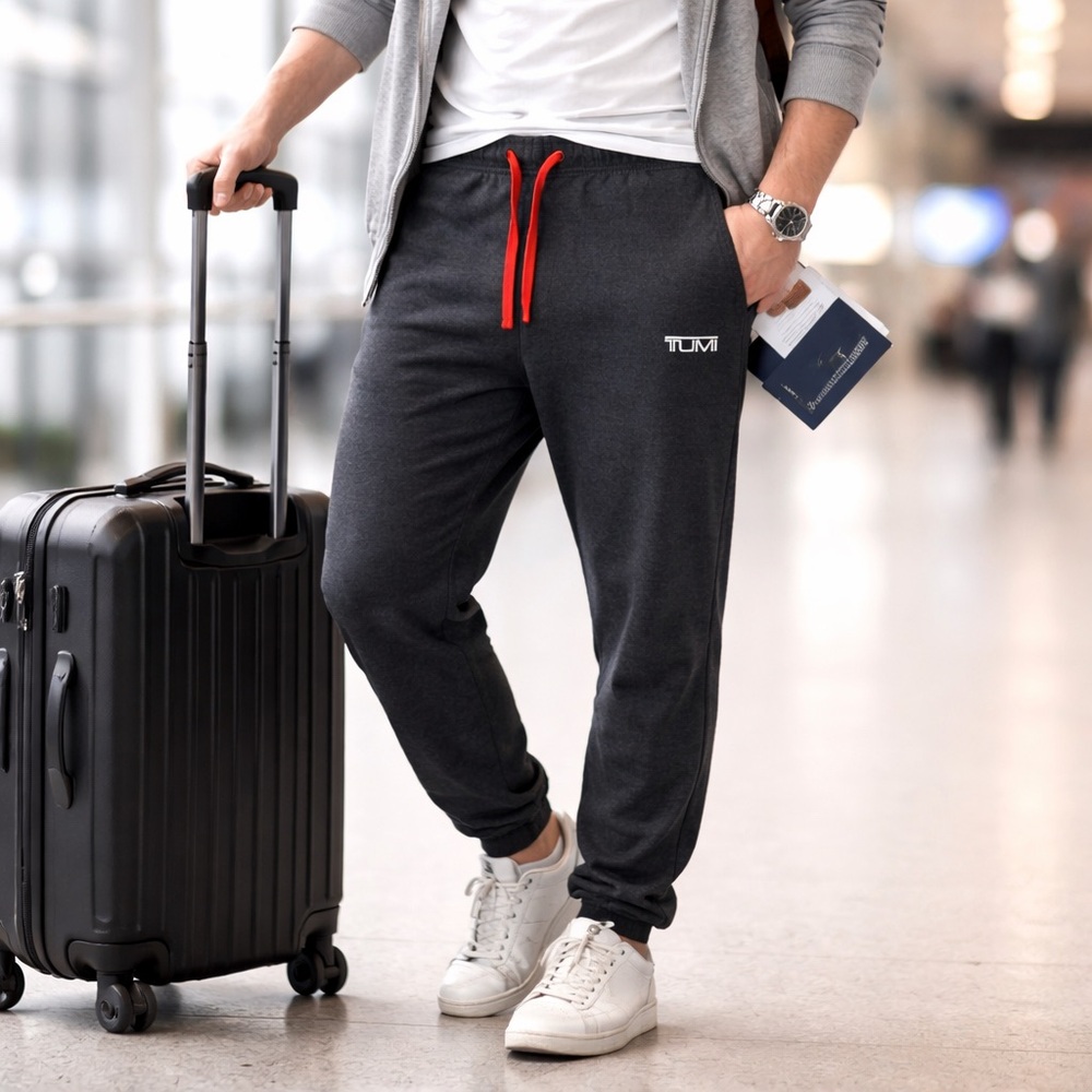 TUMI Lounge‎ Jogger Pants Large Gray Red Drawstring Travel Athleisure Unisex